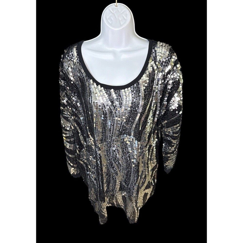 Joan Boyce 1X Plus Size Sequin Tunic Top Black Silver Sparkle 3/4 Sleeve